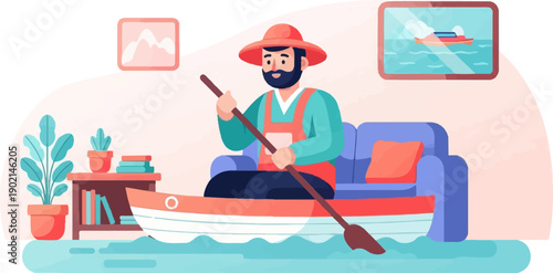 Man with hat in boat on flooded floor, indoors with plants and art