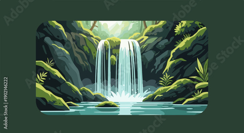 Lush forest with a cascading waterfall and serene pool