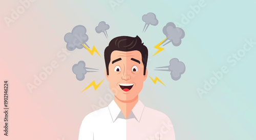 Man's head emits steam and lightning, expressing strong emotion