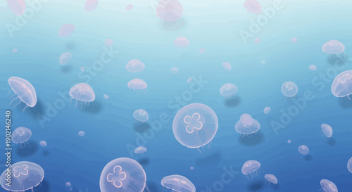 Many translucent jellyfish drift in a gradient blue ocean