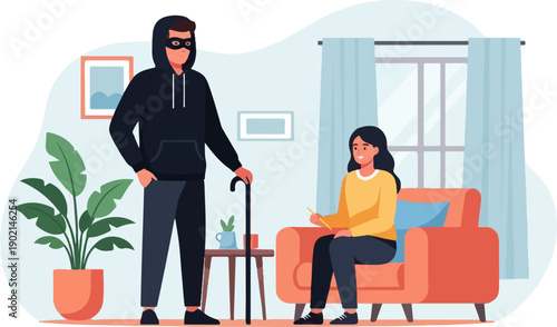 Masked figure with cane stands near woman in armchair, room interior