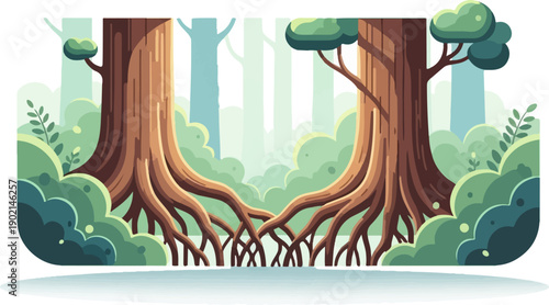 Lush forest scene with intricate tree roots and soft, diffused light