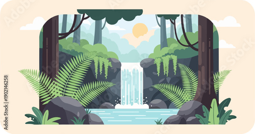 Lush forest scene featuring a cascading waterfall into a serene pool