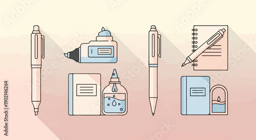Minimalist illustrations of writing tools and stationery items in pastel colors