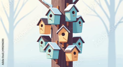 Many birdhouses attached to a bare tree trunk in a snowy, winter landscape