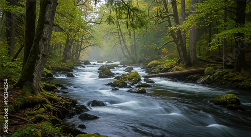Lush forest with a flowing river, moss-covered rocks, and trees