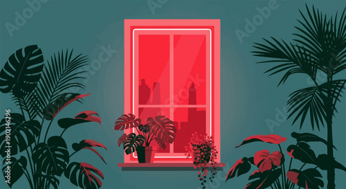 Lush indoor plants frame a vibrant window overlooking a cityscape at dusk
