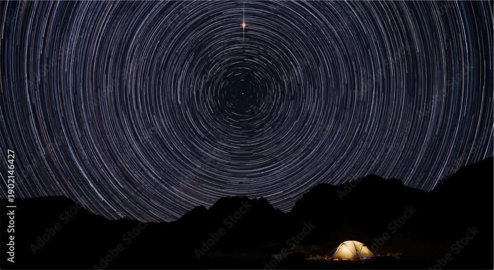 Fototapeta premium Lone campsite under a swirling sky of star trails and mountains