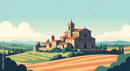 Italian countryside with cypress trees, rolling hills, and a village