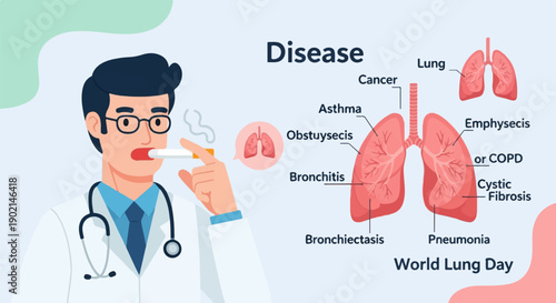 Medical illustration showing a doctor smoking and various lung diseases