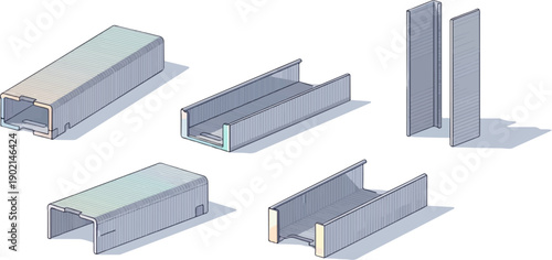 Isometric views of metal staple strips and individual staples on white background