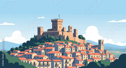 Medieval castle overlooks a densely populated village on a lush green hill