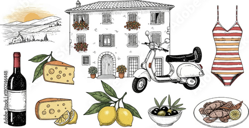 Italian countryside villa with food, a scooter, and a swimsuit