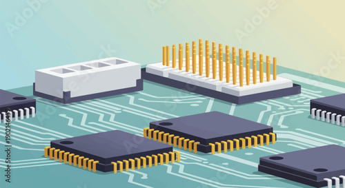 Isometric view of microchips and connectors on a circuit board