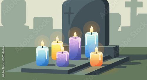 Lit candles glow around a tombstone on a platform, casting light