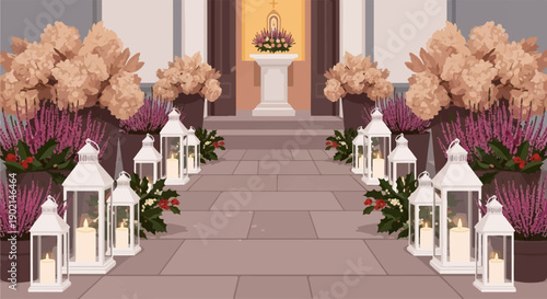 Lit pathway lined with lanterns and flowers leads to a grand entrance