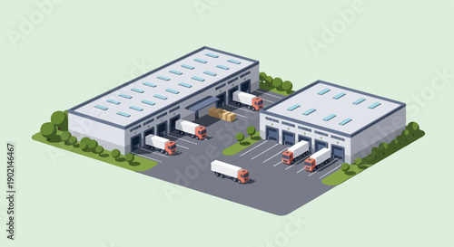 Isometric view of warehouses with trucks at loading docks