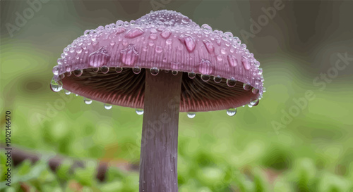 Macro view of a dew-covered purple mushroom in a lush green forest