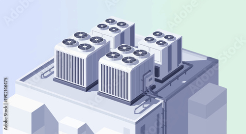Isometric view of multiple industrial air conditioning units on a building rooftop