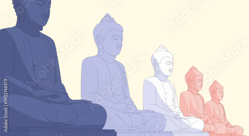 Line of seated figures with traditional attire, rendered in muted colors