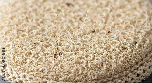 Macro view of a fibrous, light brown, porous material with small dark specks