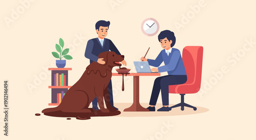 Men and dog in a room with a clock and books, chocolate mess