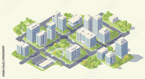 Isometric view of a stylized urban cityscape with modern buildings and trees