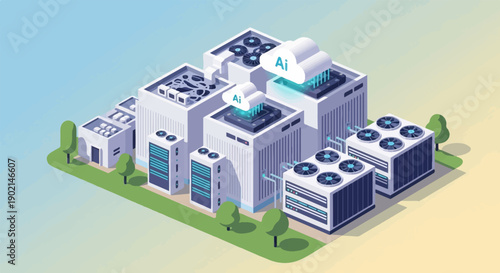 Isometric view of a modern data center with AI clouds overhead