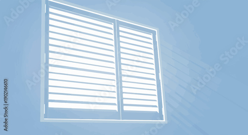 Light streams through a closed window with white shutters