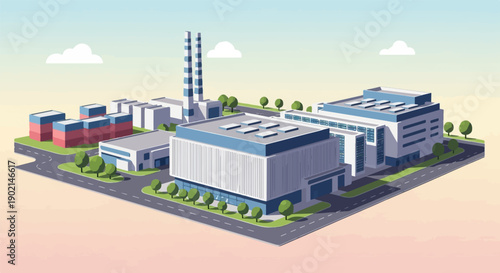 Isometric view of a modern industrial complex with multiple buildings and smokestacks