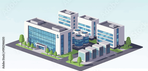 Isometric view of a modern corporate complex with glass buildings and trees