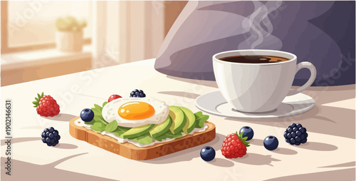 Healthy breakfast toast with berries and steaming coffee served at a sunlit table