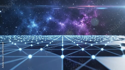 Futuristic digital network landscape with glowing nodes and connecting lines against a vibrant nebula background representing data visualization technology and innovation