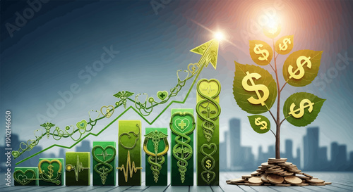 Healthcare sector financial growth depicted with rising graph, money tree
