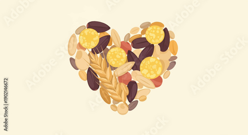 Heart shape composed of assorted grains, seeds, and round puffed snacks