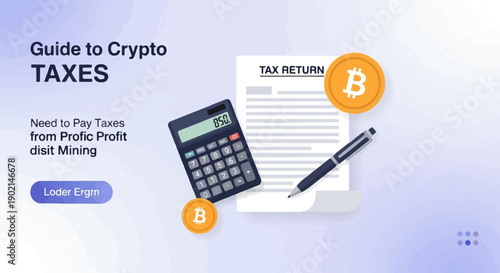 Guide to Crypto Taxes Calculator, pen, and Bitcoin coins on tax form