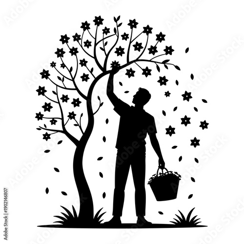 Love concept Illustration : A man is saving flowers for his loved ones up close , Silhouette Illustration