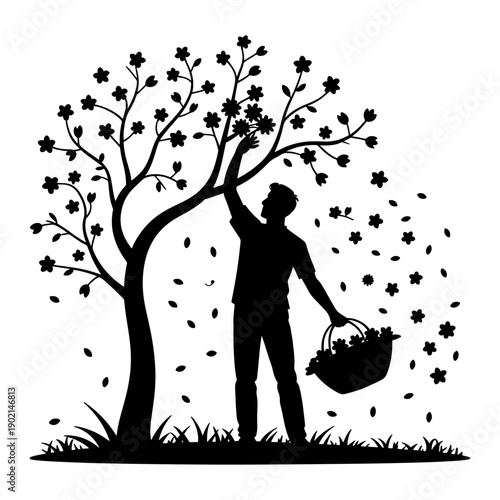 Love concept Illustration : A man is saving flowers for his loved ones up close , Silhouette Illustration
