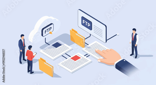 Isometric illustration of people collaborating on data transfer via cloud and FTP