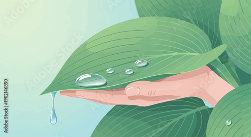 Hand holding a leaf with water drops, green plants surround, light background