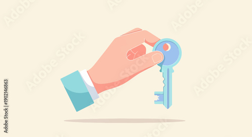 Hand holding a light blue key against a pale yellow background