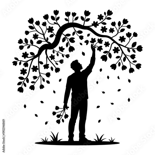 Love concept Illustration : A man is saving flowers for his loved ones up close , Silhouette Illustration