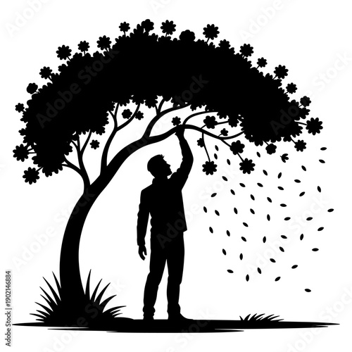 Love concept Illustration : A man is saving flowers for his loved ones up close , Silhouette Illustration