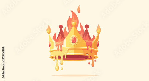 Golden crown with fiery flames and melting drips on a light background