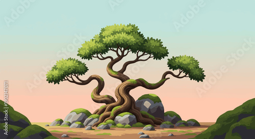 Gnarly ancient tree with mossy rocks and green foliage under pastel sky