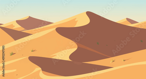 Golden sand dunes stretch under a clear, pale blue sky with scattered vegetation