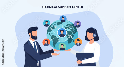 Global network of people communicating via technology and support