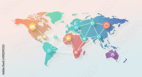 Global interconnectedness illustrated with a stylized world map and icons