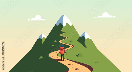 Hiker on a winding path ascending a grassy mountain with snowy peaks