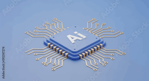 Isometric blue chip with "AI" inscription and golden circuits